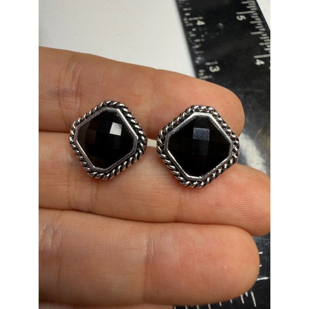 LJC Silver Tone Black Faceted Stone Geometric Clip On Earrings Statement Jewelry